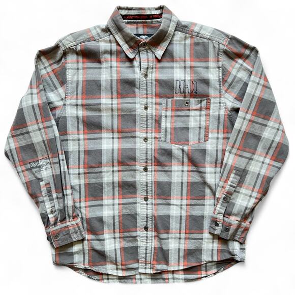 Lightweight Harley Davidson Embroidered Plaid Flannel Shirt Button Gray Orange - Picture 11 of 11